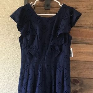 NWT Flutter eyelet embroidered navy cotton dress